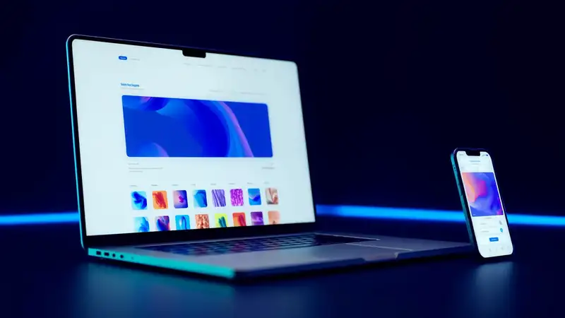Laptop y teléfono mostrando una página web moderna